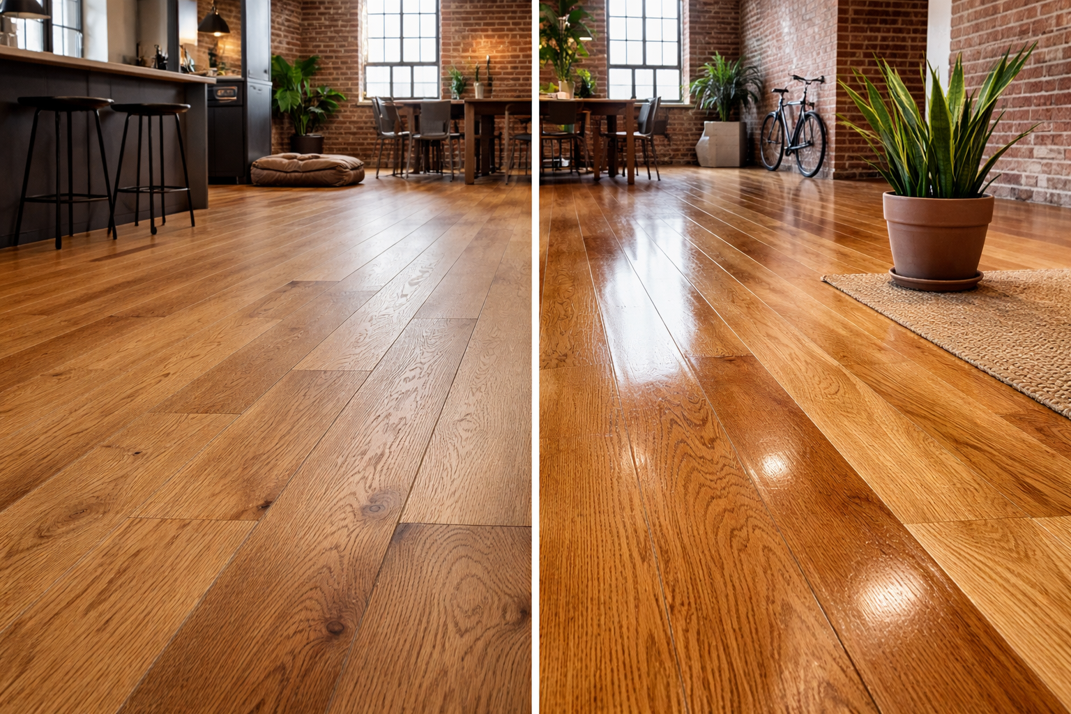 Bermondsey warehouse apartment with restored oak floor showing a natural hardwax oil finish beside a shinier polyurethane finish in a brick loft interior.